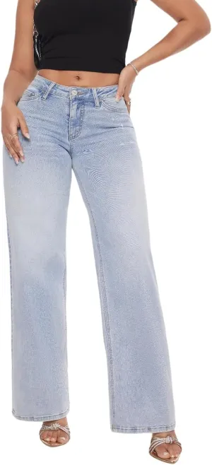 ONESO Wide Leg for Women Mid Low Rise Baggy Jeans Distressed Pants Stretchy Bottom Lady Basic Comfortable Denim