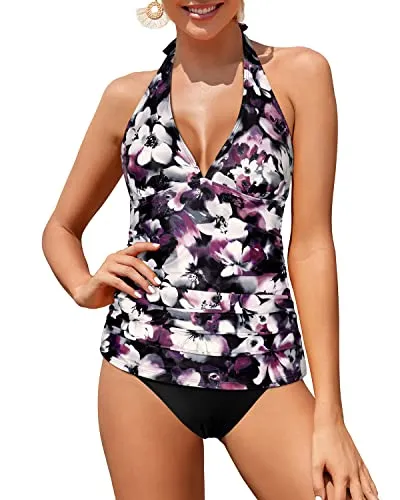 Open Back Ruched Tankini Bathing Suit For Women Tummy Control Swimsuit-Purple Floral