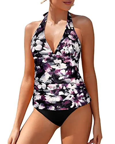 Open Back Ruched Tankini Bathing Suit For Women Tummy Control Swimsuit-Purple Floral