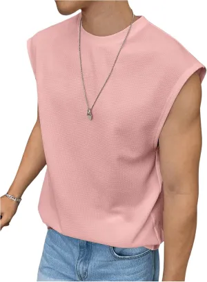 OYOANGLE Men's Letter Patched Textured Sleeveless Crew Neck Tank Tops Workout Athletic Casual Shirts