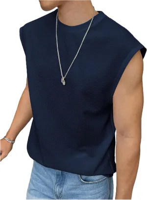 OYOANGLE Men's Letter Patched Textured Sleeveless Crew Neck Tank Tops Workout Athletic Casual Shirts