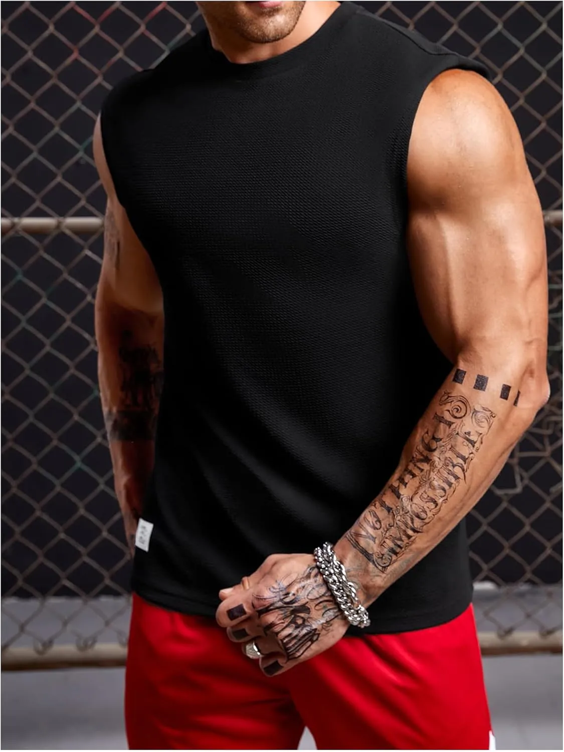 OYOANGLE Men's Letter Patched Textured Sleeveless Crew Neck Tank Tops Workout Athletic Casual Shirts