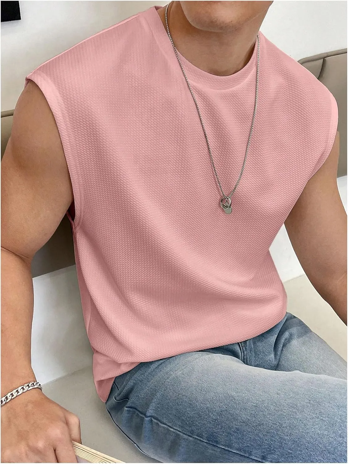 OYOANGLE Men's Letter Patched Textured Sleeveless Crew Neck Tank Tops Workout Athletic Casual Shirts