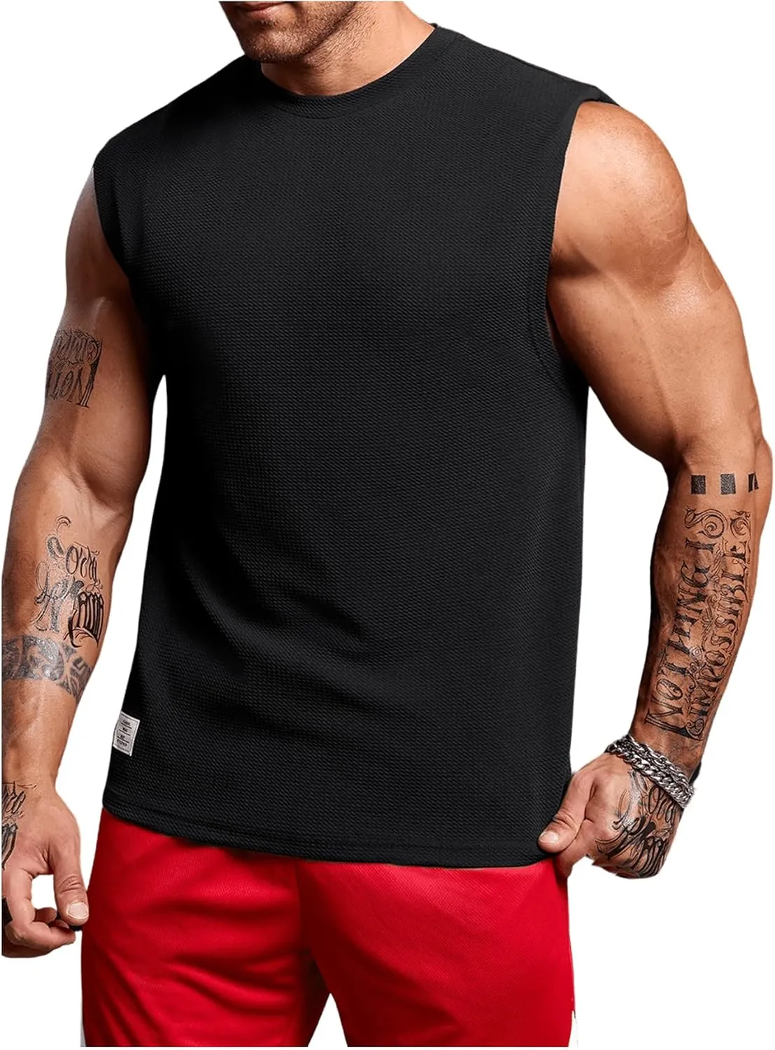 OYOANGLE Men's Letter Patched Textured Sleeveless Crew Neck Tank Tops Workout Athletic Casual Shirts