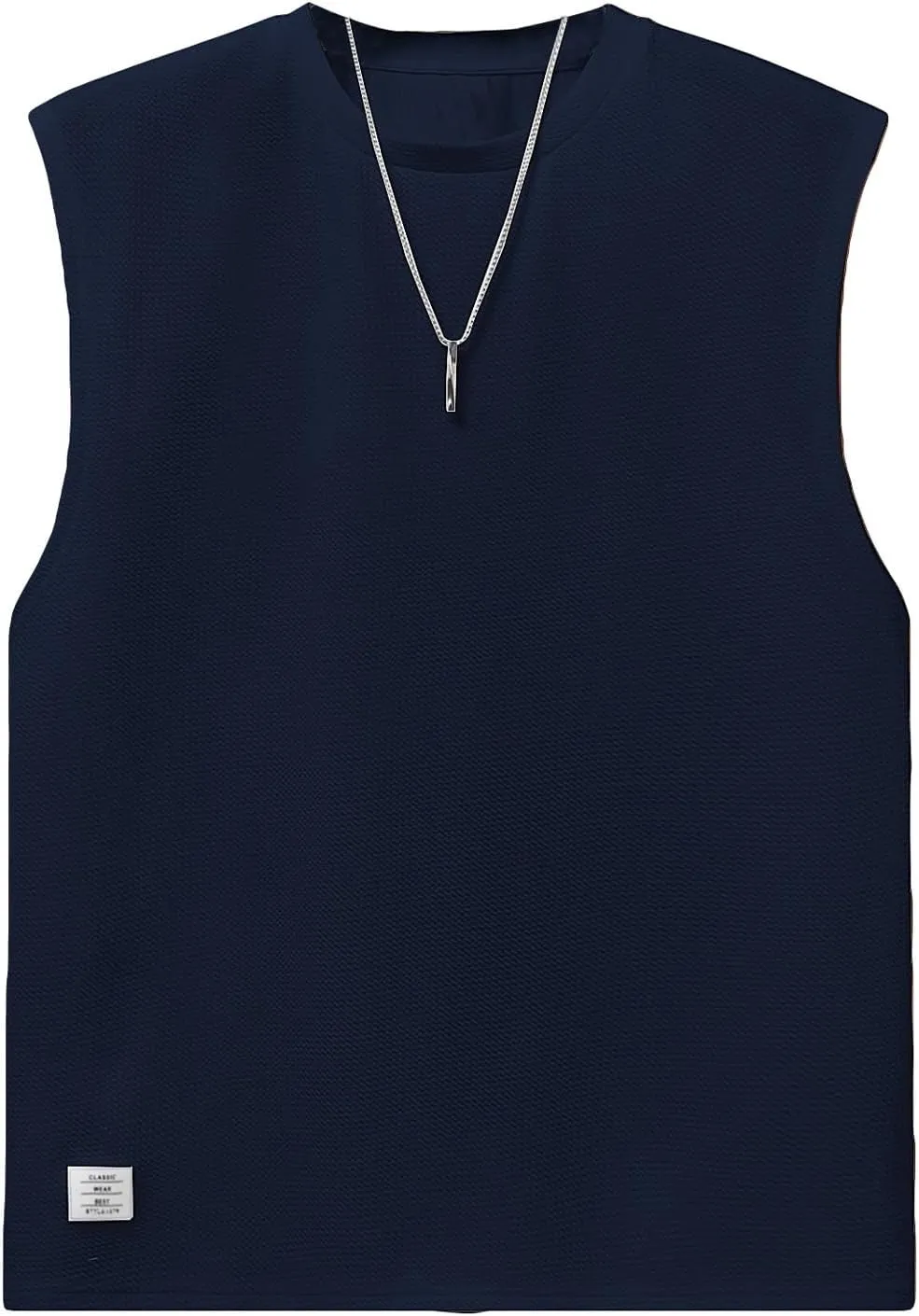 OYOANGLE Men's Letter Patched Textured Sleeveless Crew Neck Tank Tops Workout Athletic Casual Shirts