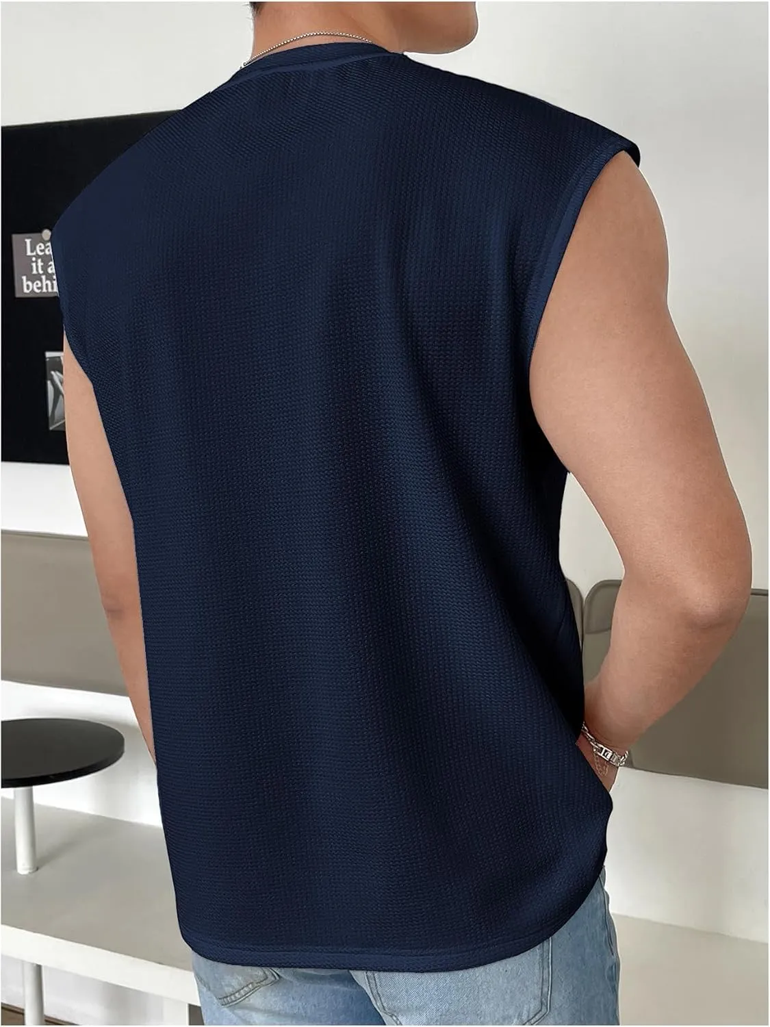 OYOANGLE Men's Letter Patched Textured Sleeveless Crew Neck Tank Tops Workout Athletic Casual Shirts