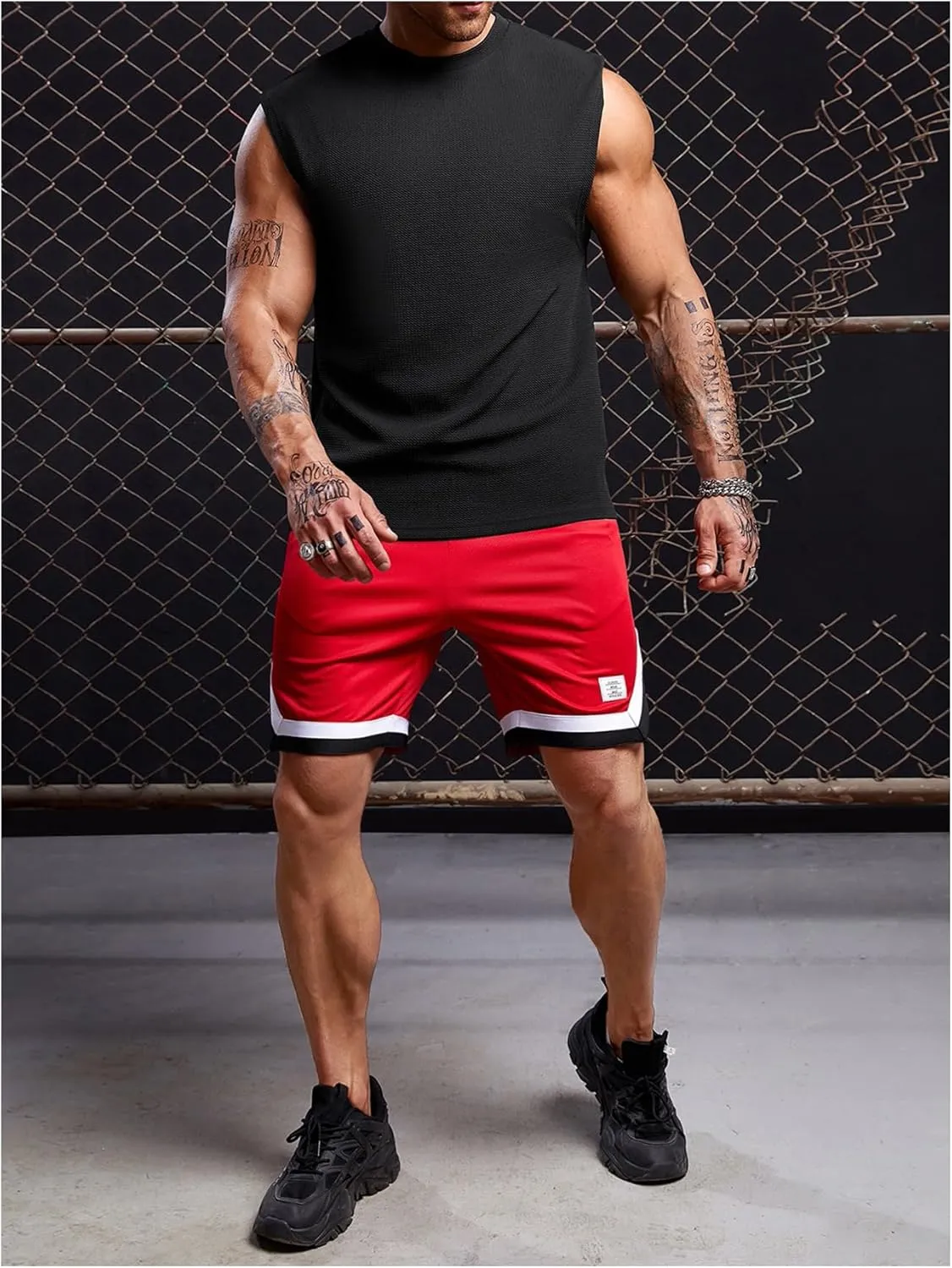 OYOANGLE Men's Letter Patched Textured Sleeveless Crew Neck Tank Tops Workout Athletic Casual Shirts