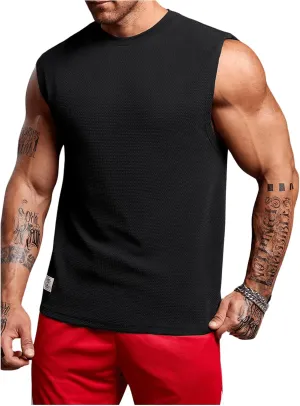 OYOANGLE Men's Letter Patched Textured Sleeveless Crew Neck Tank Tops Workout Athletic Casual Shirts