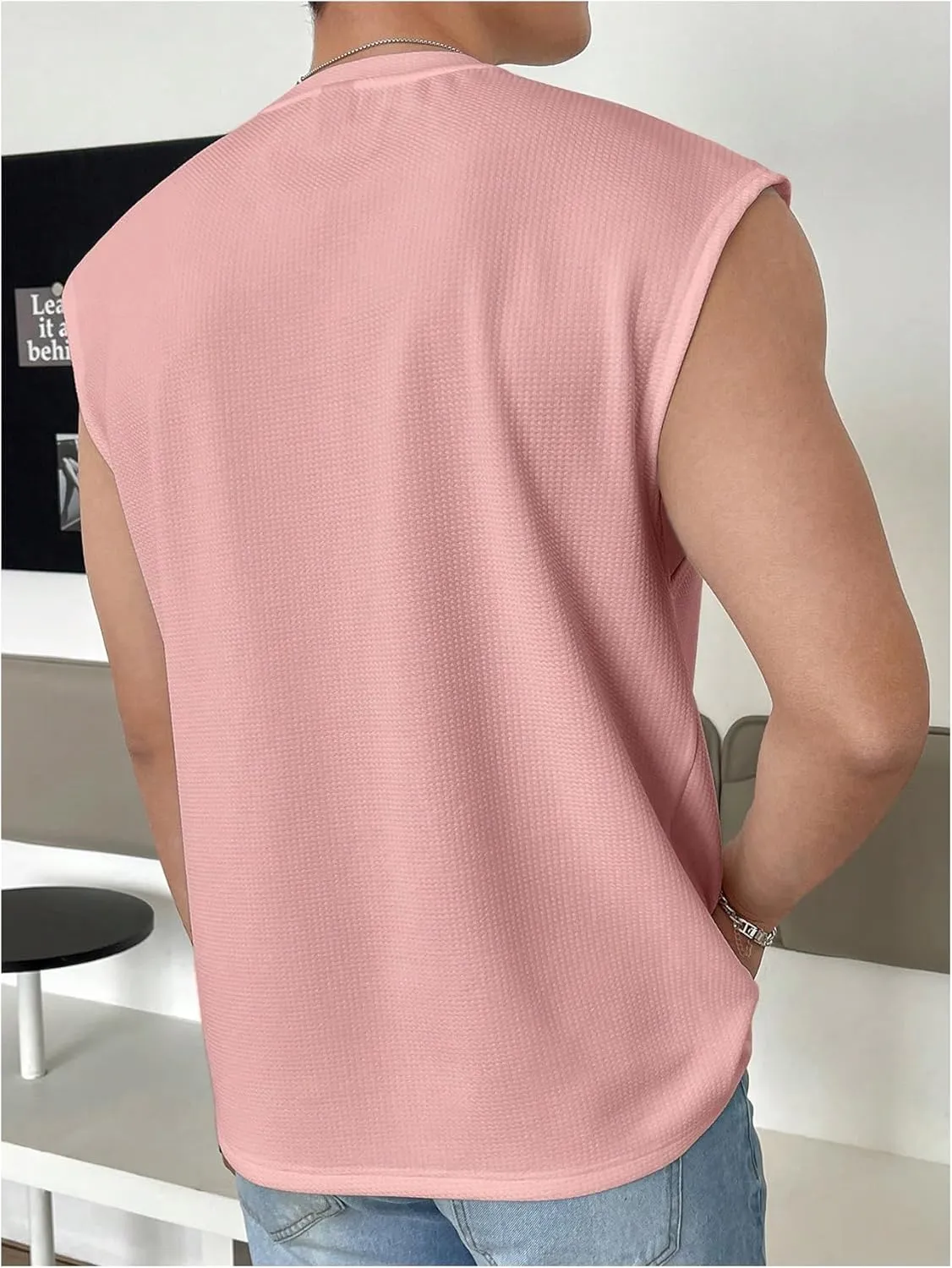 OYOANGLE Men's Letter Patched Textured Sleeveless Crew Neck Tank Tops Workout Athletic Casual Shirts