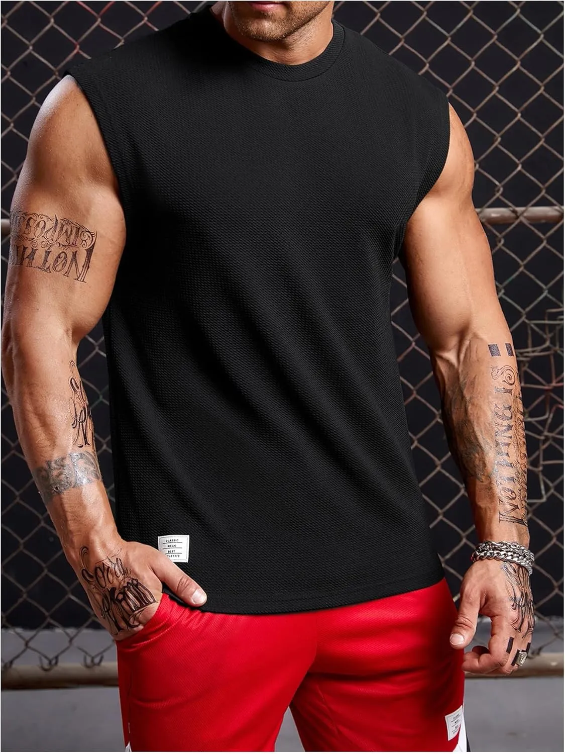 OYOANGLE Men's Letter Patched Textured Sleeveless Crew Neck Tank Tops Workout Athletic Casual Shirts
