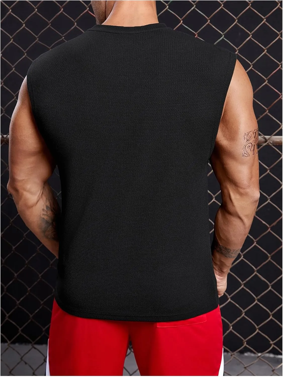 OYOANGLE Men's Letter Patched Textured Sleeveless Crew Neck Tank Tops Workout Athletic Casual Shirts