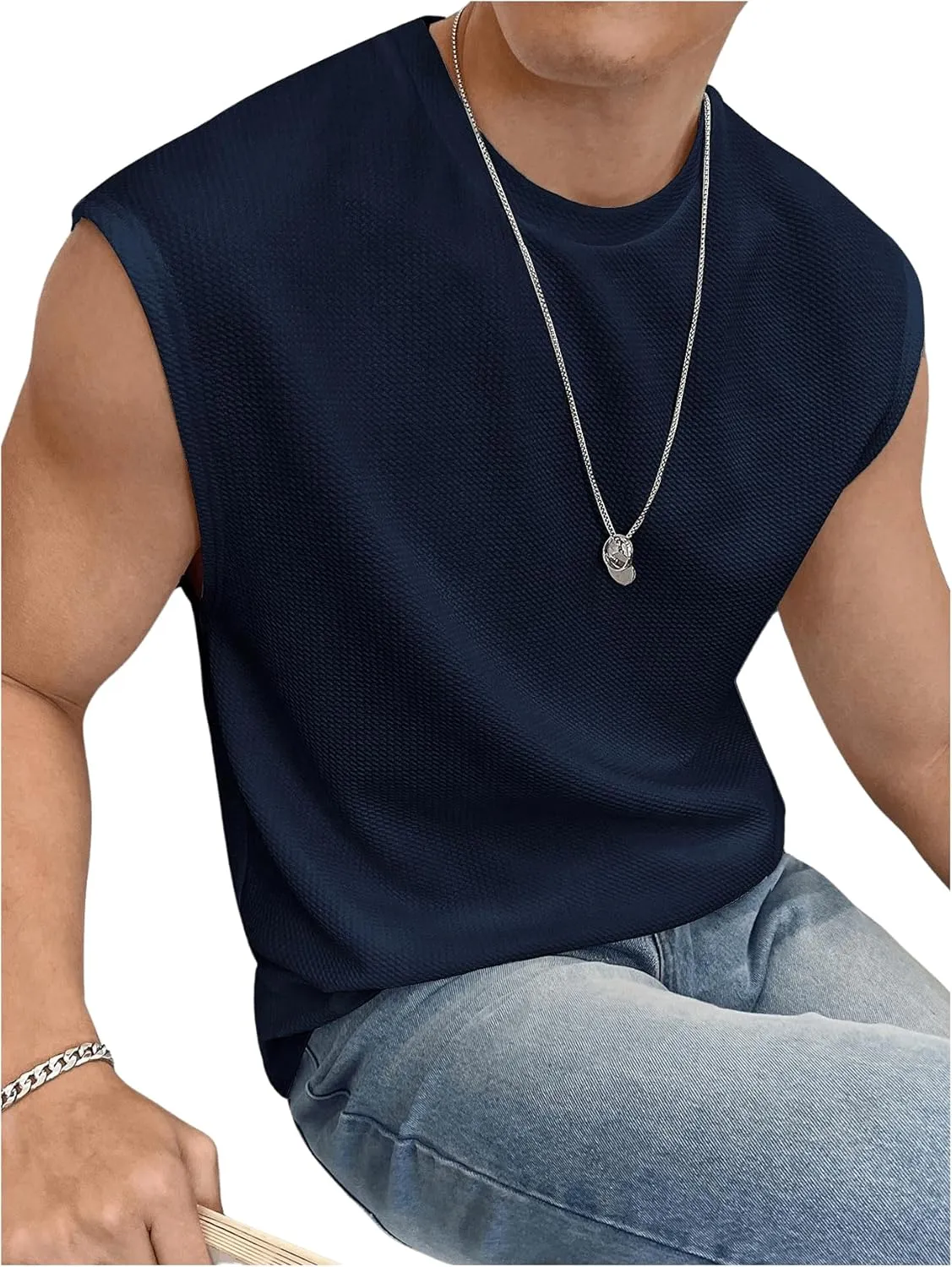 OYOANGLE Men's Letter Patched Textured Sleeveless Crew Neck Tank Tops Workout Athletic Casual Shirts