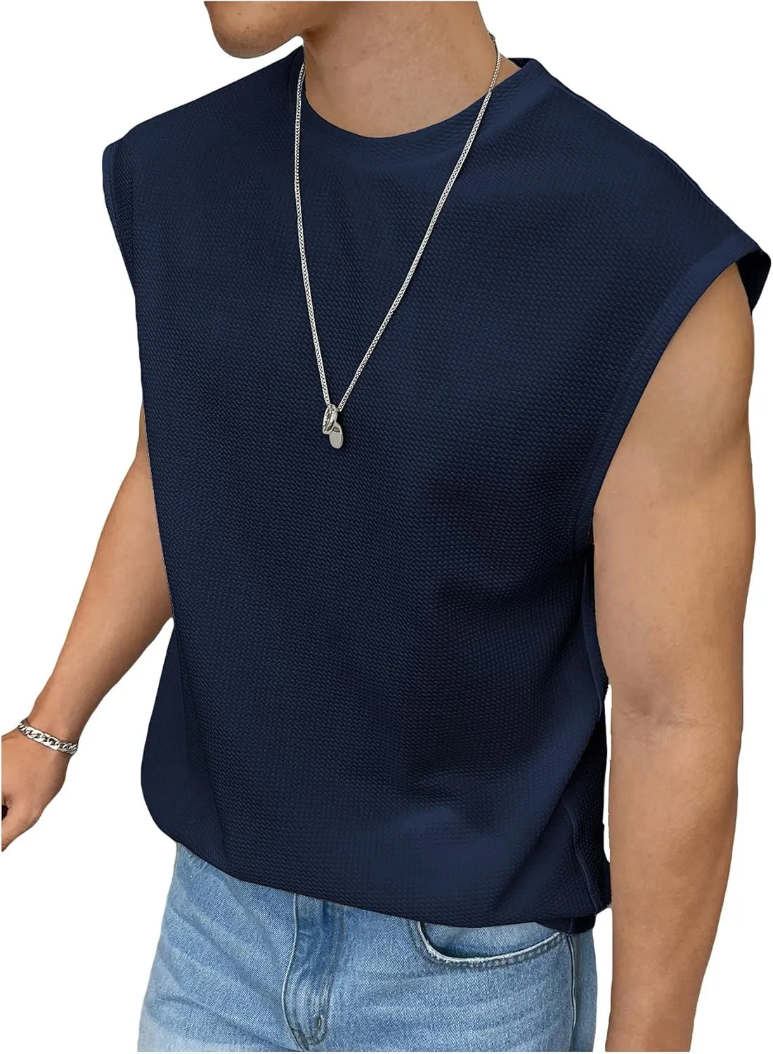OYOANGLE Men's Letter Patched Textured Sleeveless Crew Neck Tank Tops Workout Athletic Casual Shirts