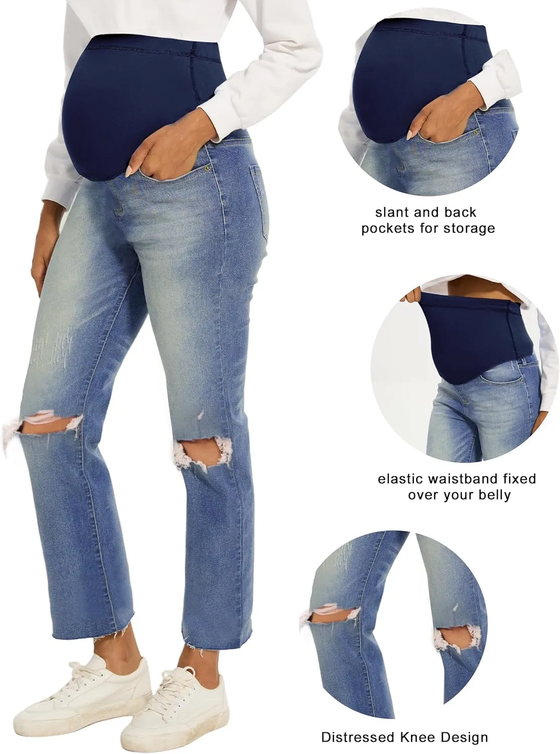 Peauty Maternity Ripped-Jeans Straight Leg Distressed Knee-Slit Comfortable Stretch Over The Belly Support Pregnancy-Pants