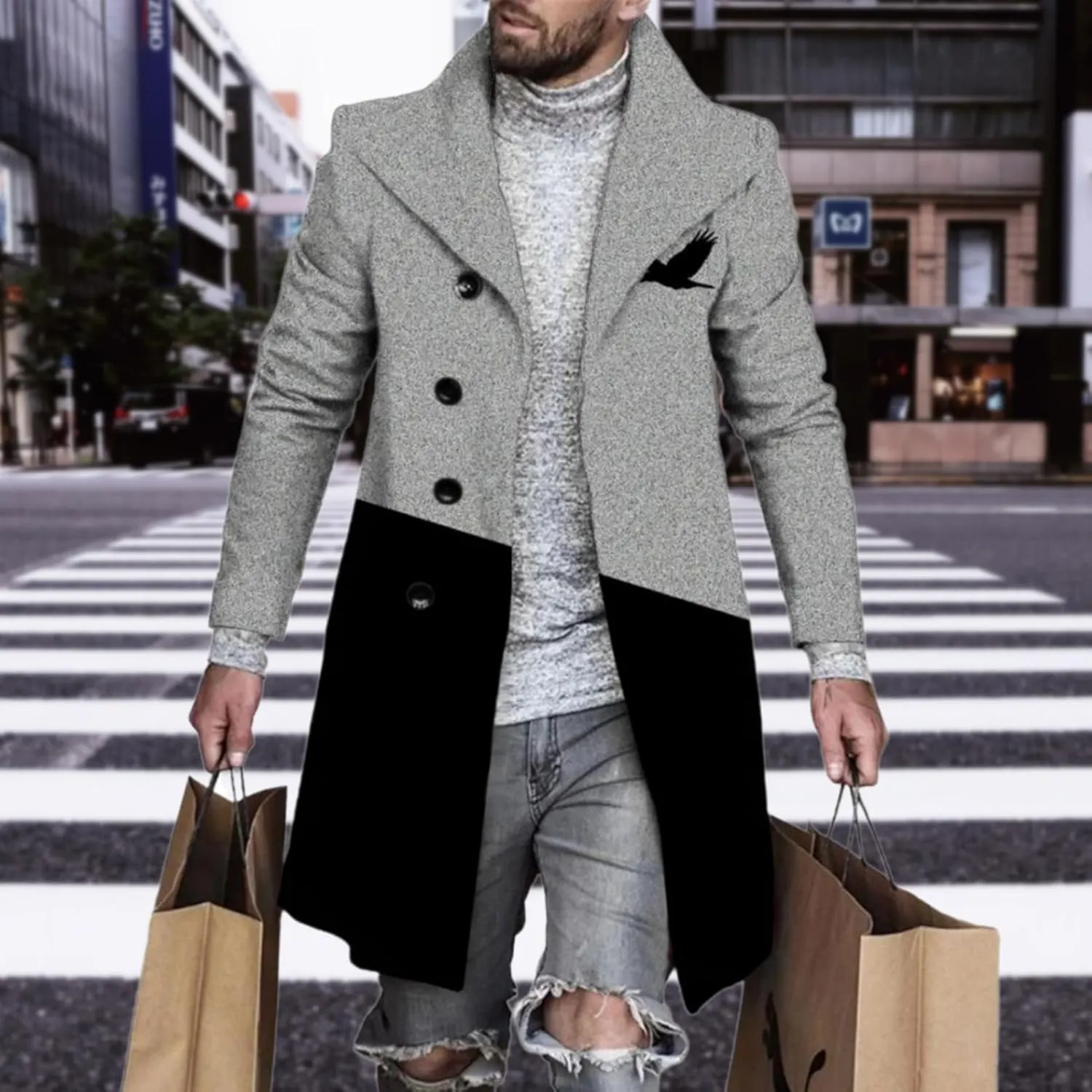 Plaid Trench Coat for Mens Lapel Single Breasted Slim Jacket Overcoat Vintage Graphic Wool Blend Formal Pea Coats