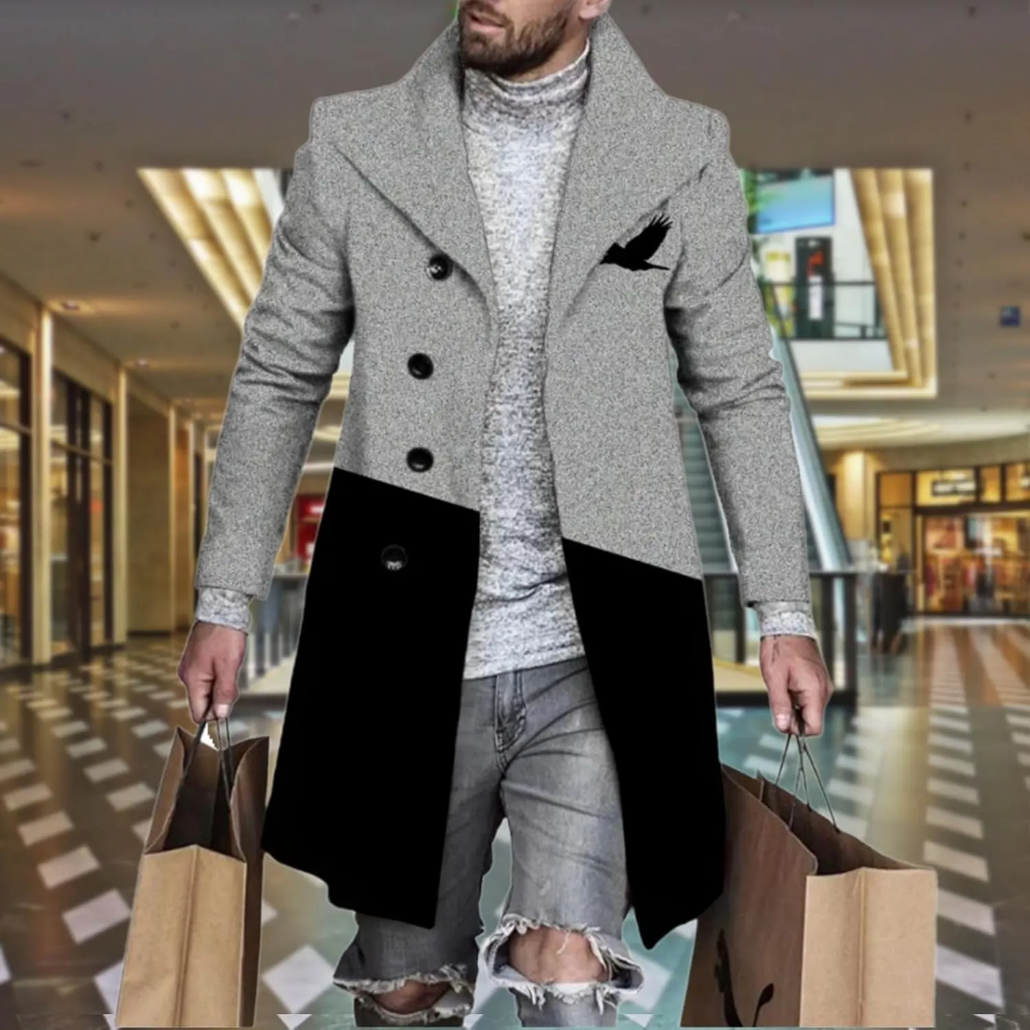 Plaid Trench Coat for Mens Lapel Single Breasted Slim Jacket Overcoat Vintage Graphic Wool Blend Formal Pea Coats