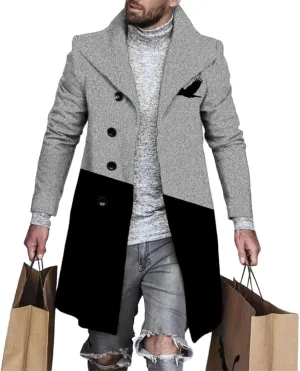 Plaid Trench Coat for Mens Lapel Single Breasted Slim Jacket Overcoat Vintage Graphic Wool Blend Formal Pea Coats