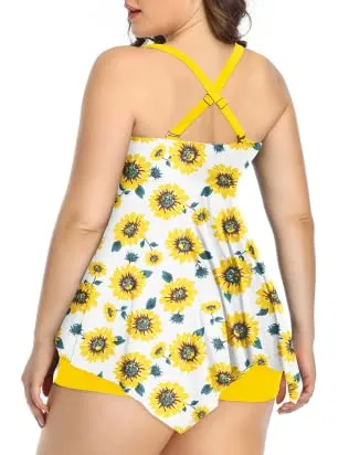 Plus Size Tankini Top With Shorts Swimsuits For Women Tummy Control-Sunflower