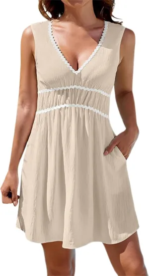 PTOLOCIF Spring/Summer New Comfortable Casual V Neck Sleeveless Waist Age Reducing Dress Dress for Women Petite Size