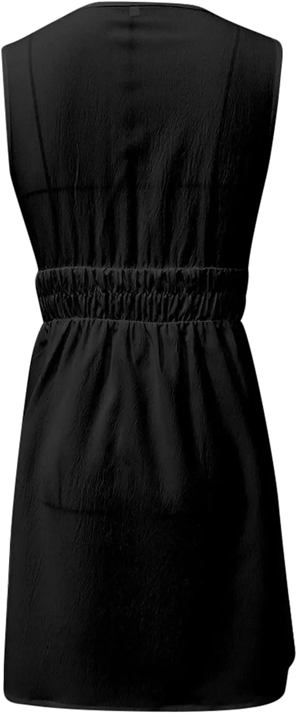 PTOLOCIF Spring/Summer New Comfortable Casual V Neck Sleeveless Waist Age Reducing Dress Dress for Women Petite Size