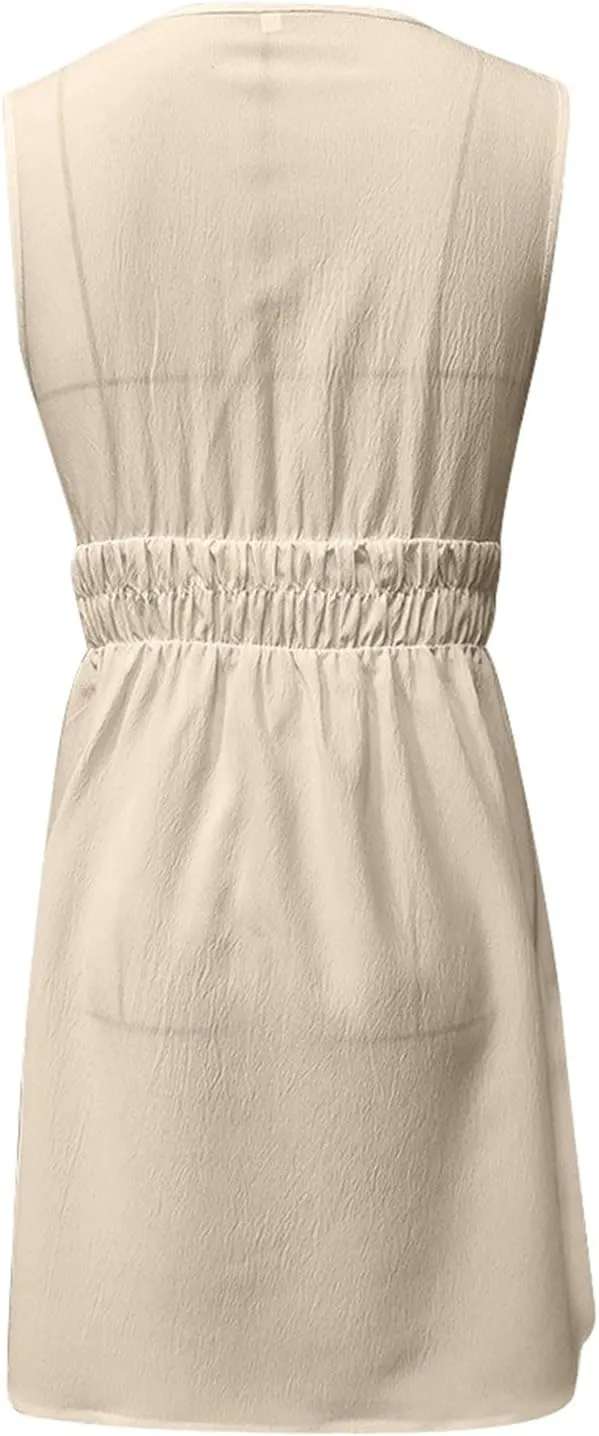 PTOLOCIF Spring/Summer New Comfortable Casual V Neck Sleeveless Waist Age Reducing Dress Dress for Women Petite Size