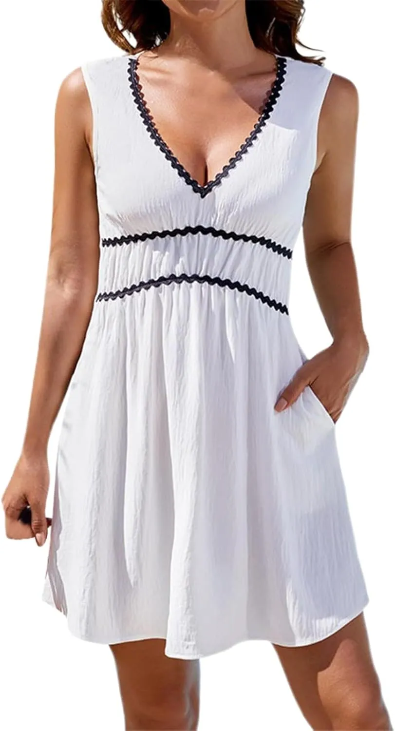 PTOLOCIF Spring/Summer New Comfortable Casual V Neck Sleeveless Waist Age Reducing Dress Dress for Women Petite Size