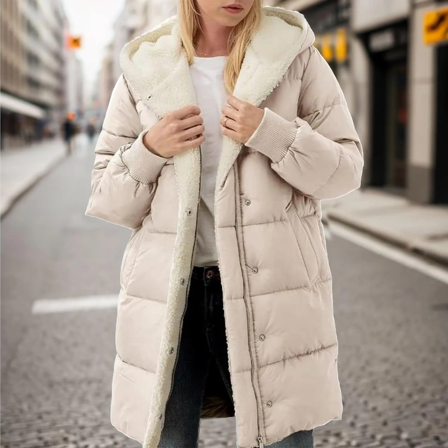 Puffer Coat Women Women's Winter Thickened Down Jacket Warm Long Down Jacket with Hood Hooded Cotton Jacket