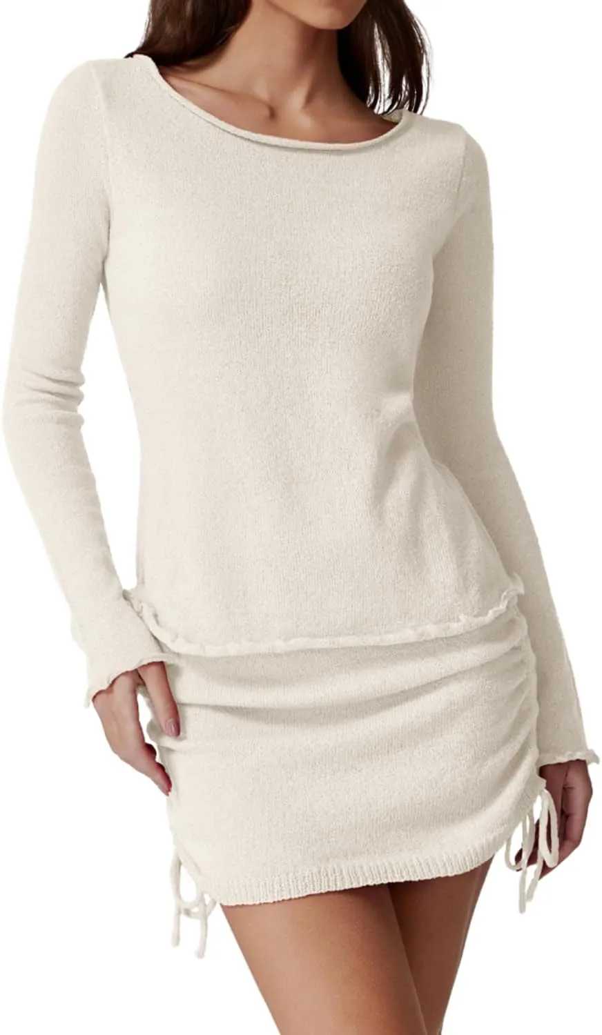 QINSEN Womens Crewneck Lettuce Hem Long Sleeve Knit Top with Drawsting Tie Skirt 2PCS Sweater Set