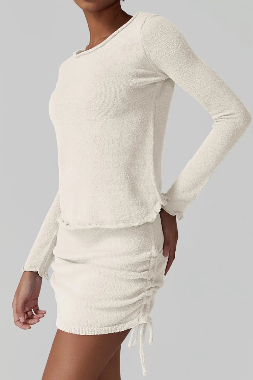 QINSEN Womens Crewneck Lettuce Hem Long Sleeve Knit Top with Drawsting Tie Skirt 2PCS Sweater Set