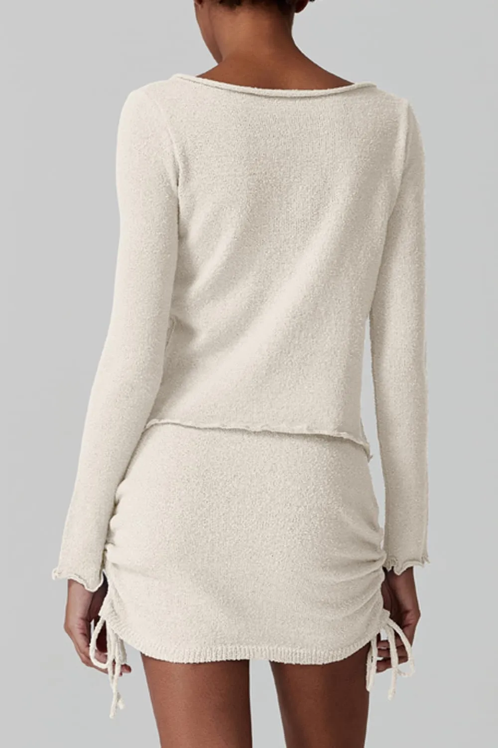 QINSEN Womens Crewneck Lettuce Hem Long Sleeve Knit Top with Drawsting Tie Skirt 2PCS Sweater Set
