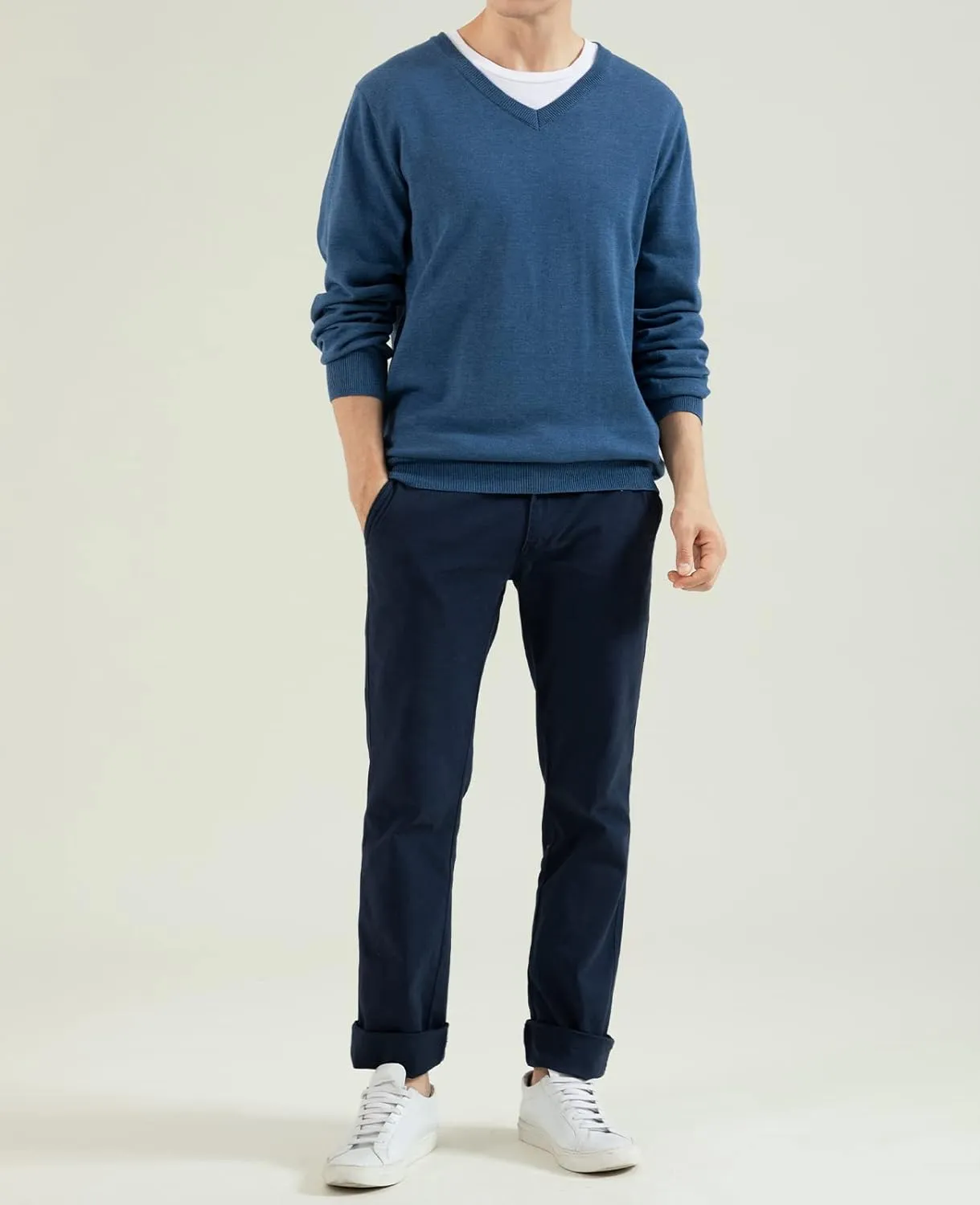 QUALFORT Mens 100% Cotton V Neck Sweaters Casual Knitted Pullover Sweater