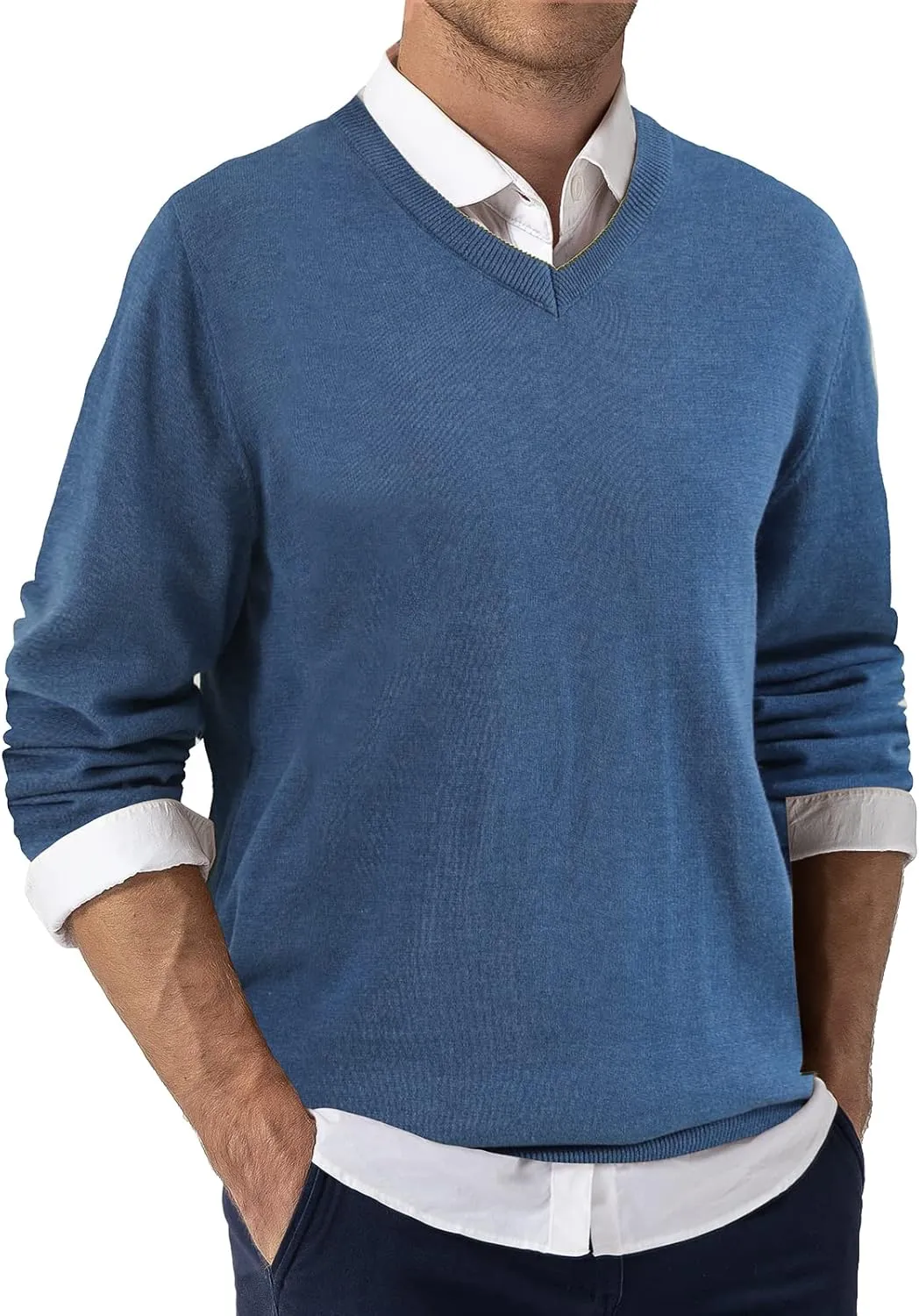 QUALFORT Mens 100% Cotton V Neck Sweaters Casual Knitted Pullover Sweater