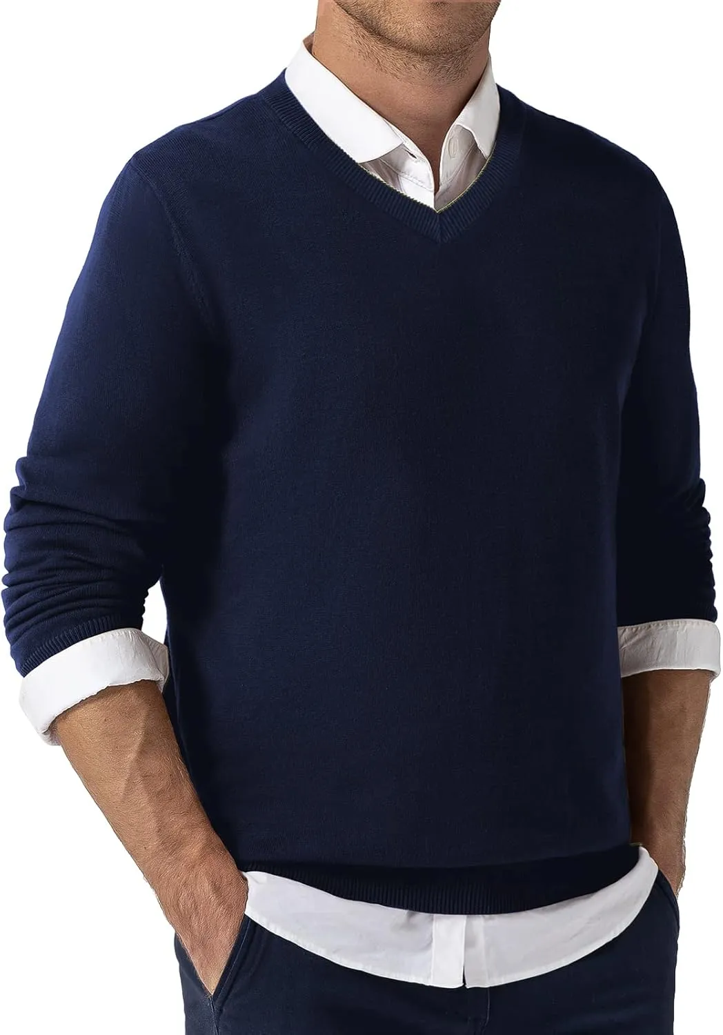 QUALFORT Mens 100% Cotton V Neck Sweaters Casual Knitted Pullover Sweater