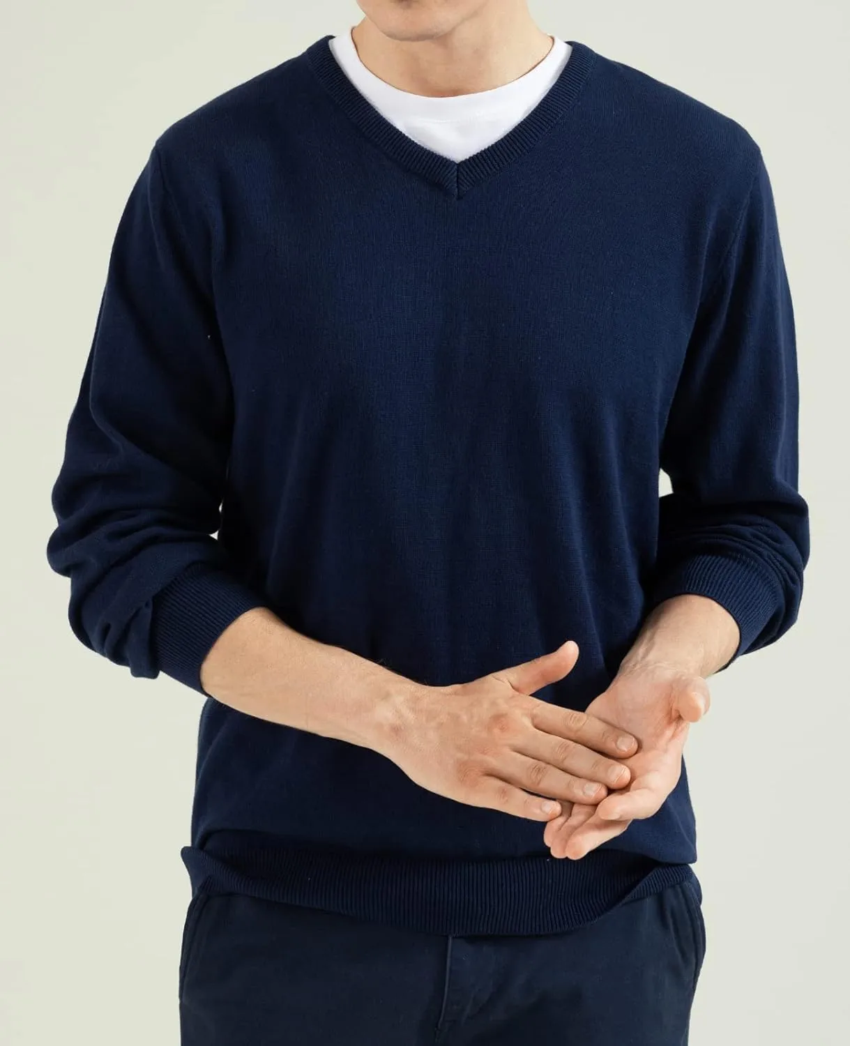 QUALFORT Mens 100% Cotton V Neck Sweaters Casual Knitted Pullover Sweater