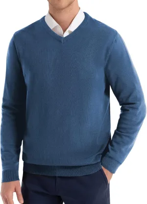 QUALFORT Mens 100% Cotton V Neck Sweaters Casual Knitted Pullover Sweater