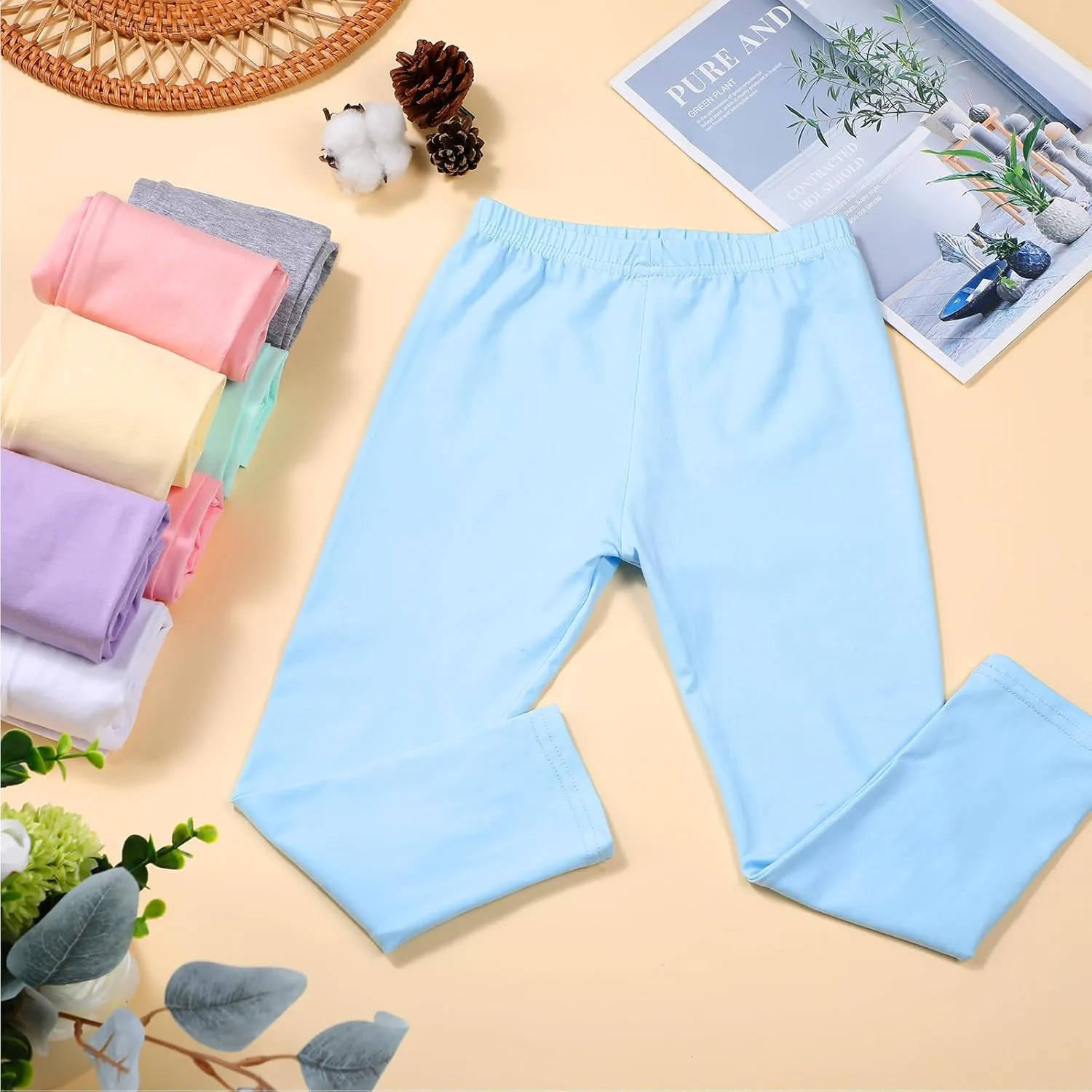 Ramede 8 Pcs Girls Leggings Full Length Solid Color Basic Leggings Soft Comfortable Stretch Tights Pants for Kids Girls Yoga