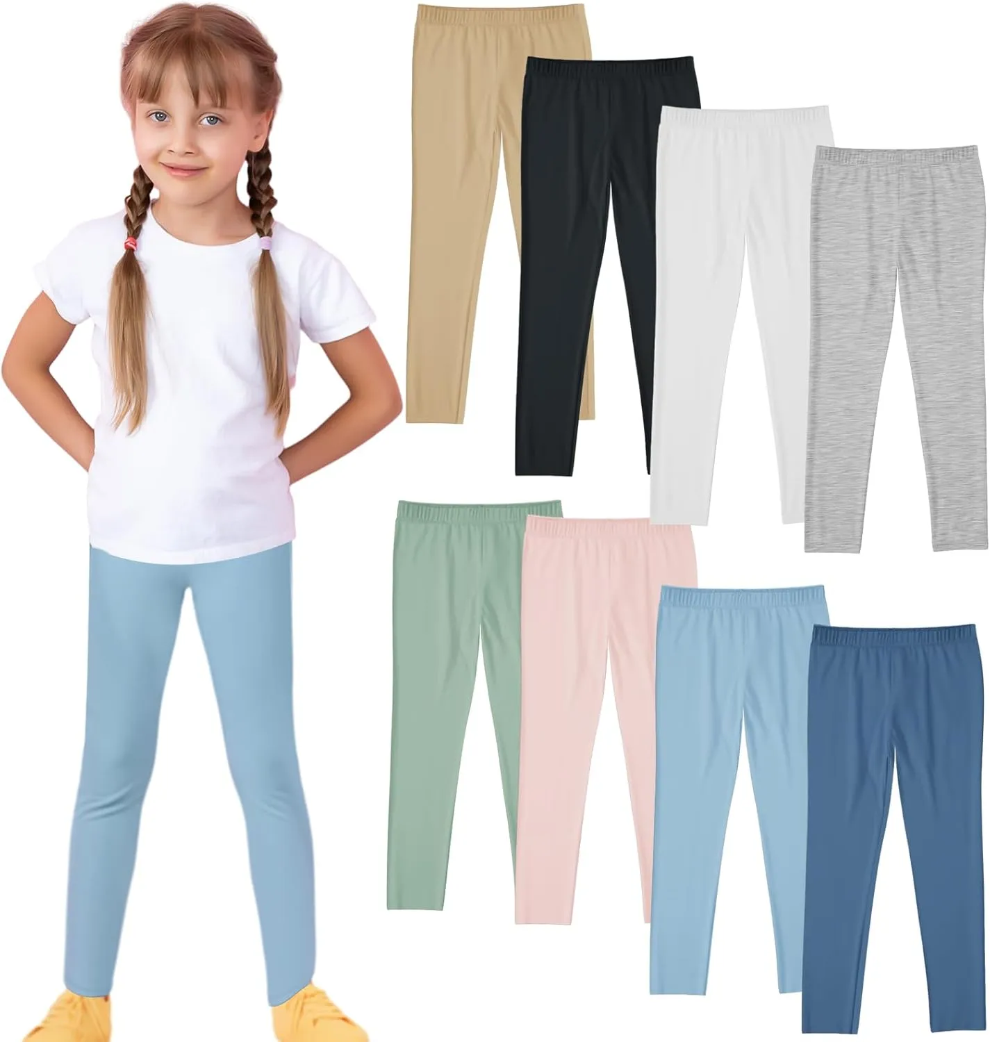 Ramede 8 Pcs Girls Leggings Full Length Solid Color Basic Leggings Soft Comfortable Stretch Tights Pants for Kids Girls Yoga