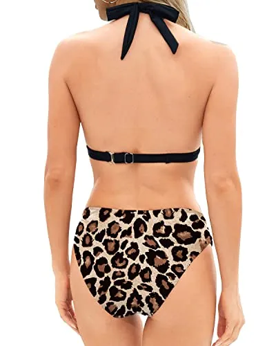 Retro Women Two Piece Bathing Suits Halter Swimsuit Vintage Swimwear-Black And Leopard