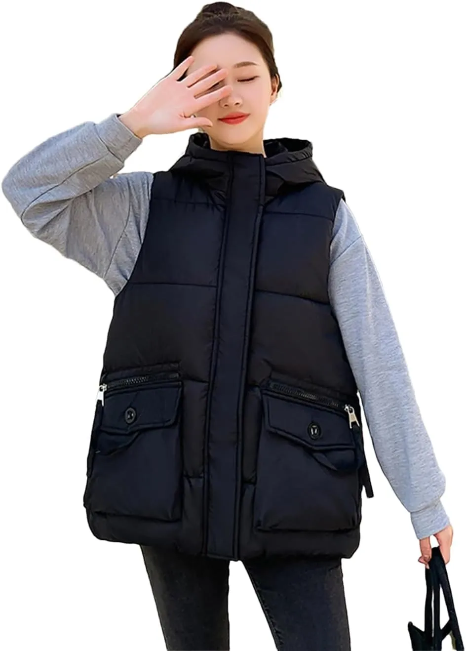 Rfmfkkg Women Solid Loose Vest Big Pocket Hooded Vest Jacket Cotton Padded Warm Waistcoat