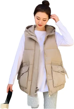 Rfmfkkg Women Solid Loose Vest Big Pocket Hooded Vest Jacket Cotton Padded Warm Waistcoat