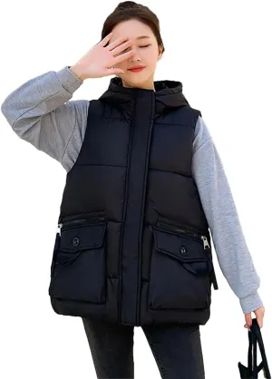 Rfmfkkg Women Solid Loose Vest Big Pocket Hooded Vest Jacket Cotton Padded Warm Waistcoat