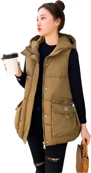 Rfmfkkg Women Solid Loose Vest Big Pocket Hooded Vest Jacket Cotton Padded Warm Waistcoat
