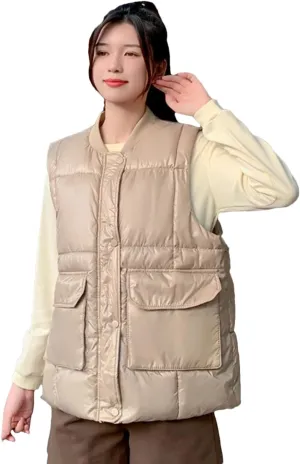 Rfmfkkg Women'S Sleeveless Loose Vest Cotton Padded Down Coat Waistcoat Jacket Solid Color Large Pocket