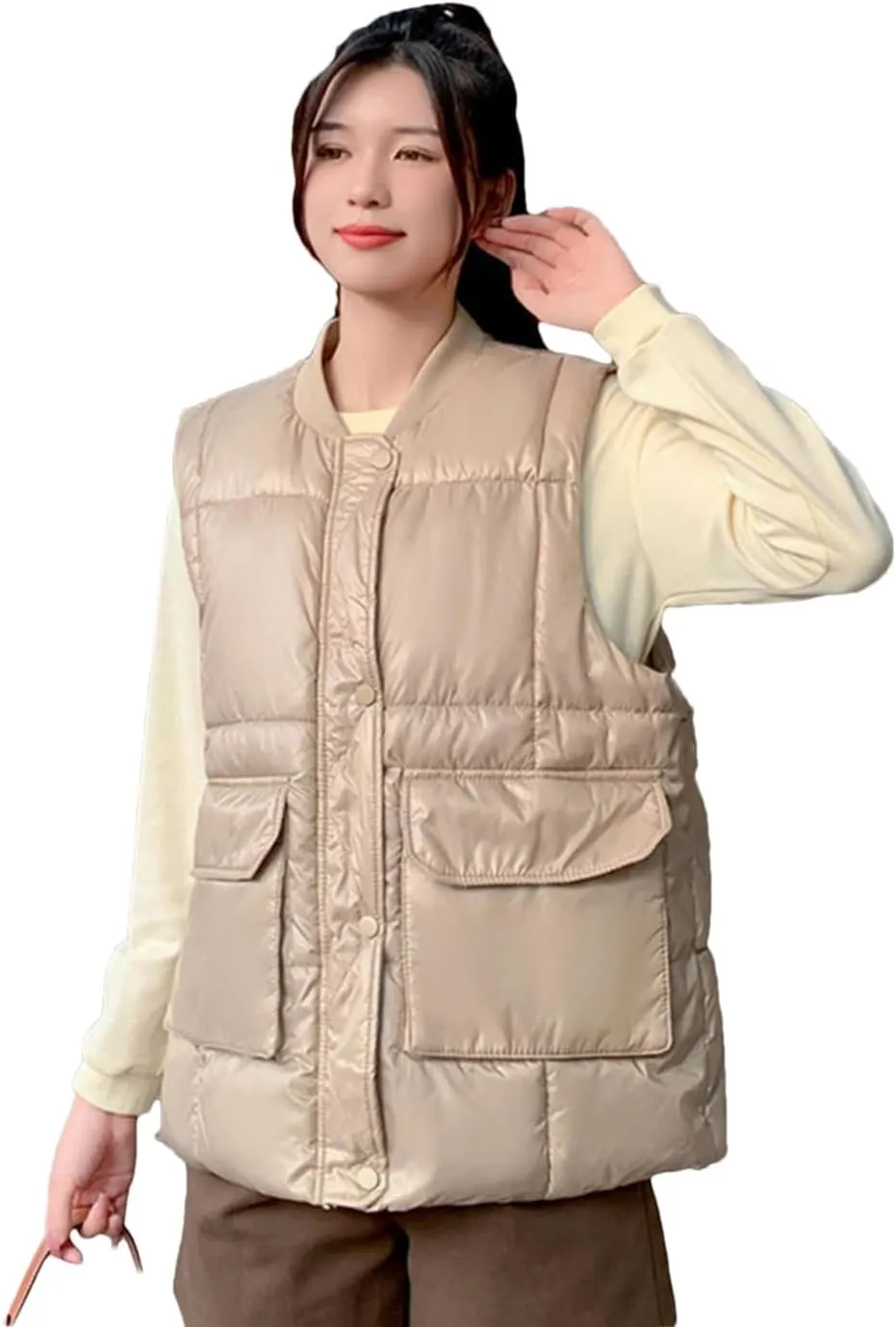 Rfmfkkg Women'S Sleeveless Loose Vest Cotton Padded Down Coat Waistcoat Jacket Solid Color Large Pocket