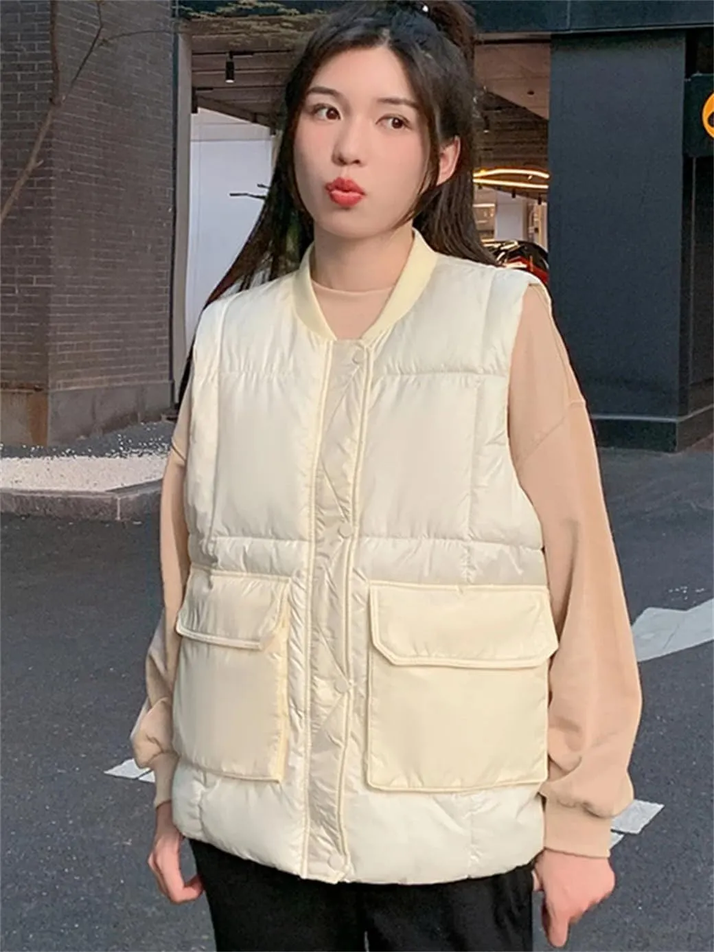 Rfmfkkg Women'S Sleeveless Loose Vest Cotton Padded Down Coat Waistcoat Jacket Solid Color Large Pocket