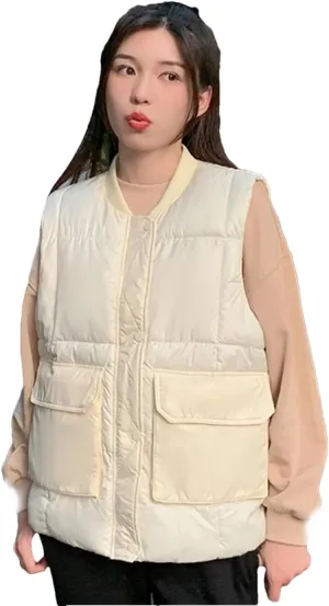 Rfmfkkg Women'S Sleeveless Loose Vest Cotton Padded Down Coat Waistcoat Jacket Solid Color Large Pocket