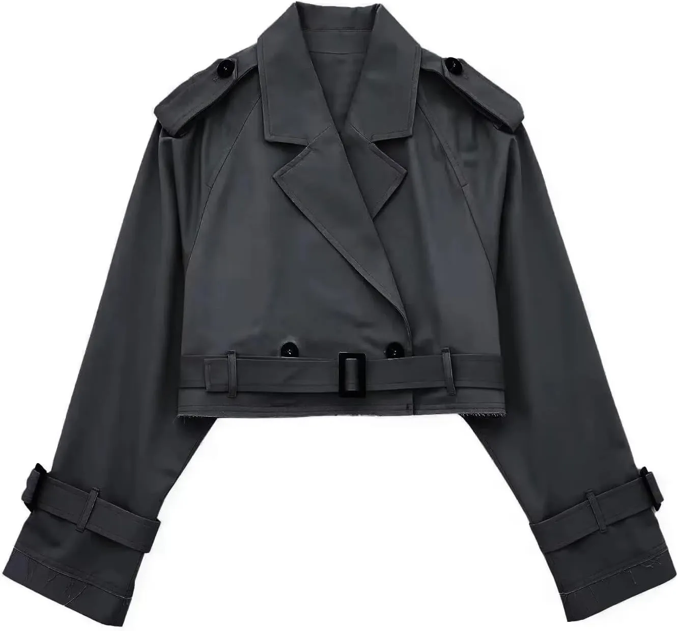 RONGTAI Women's Cropped Trench Coat  Vintage Double-Breasted Spring Jacket with Belt, Long Sleeve Streetwear Style