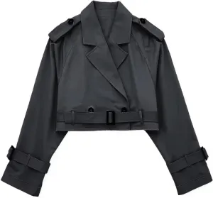 RONGTAI Women's Cropped Trench Coat  Vintage Double-Breasted Spring Jacket with Belt, Long Sleeve Streetwear Style