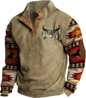 RTTUIOP Jackets for Men Western Aztec Ethnic Print Vintage Top Long Sleeve Shirt Stand Collar Button Down Pullover Coat
