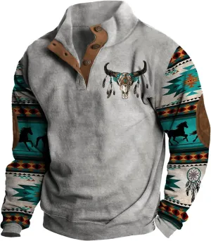 RTTUIOP Jackets for Men Western Aztec Ethnic Print Vintage Top Long Sleeve Shirt Stand Collar Button Down Pullover Coat